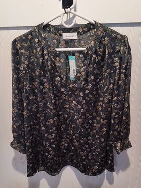 Kaileigh Dark Green Floral Notch-Neck Satin Blouse